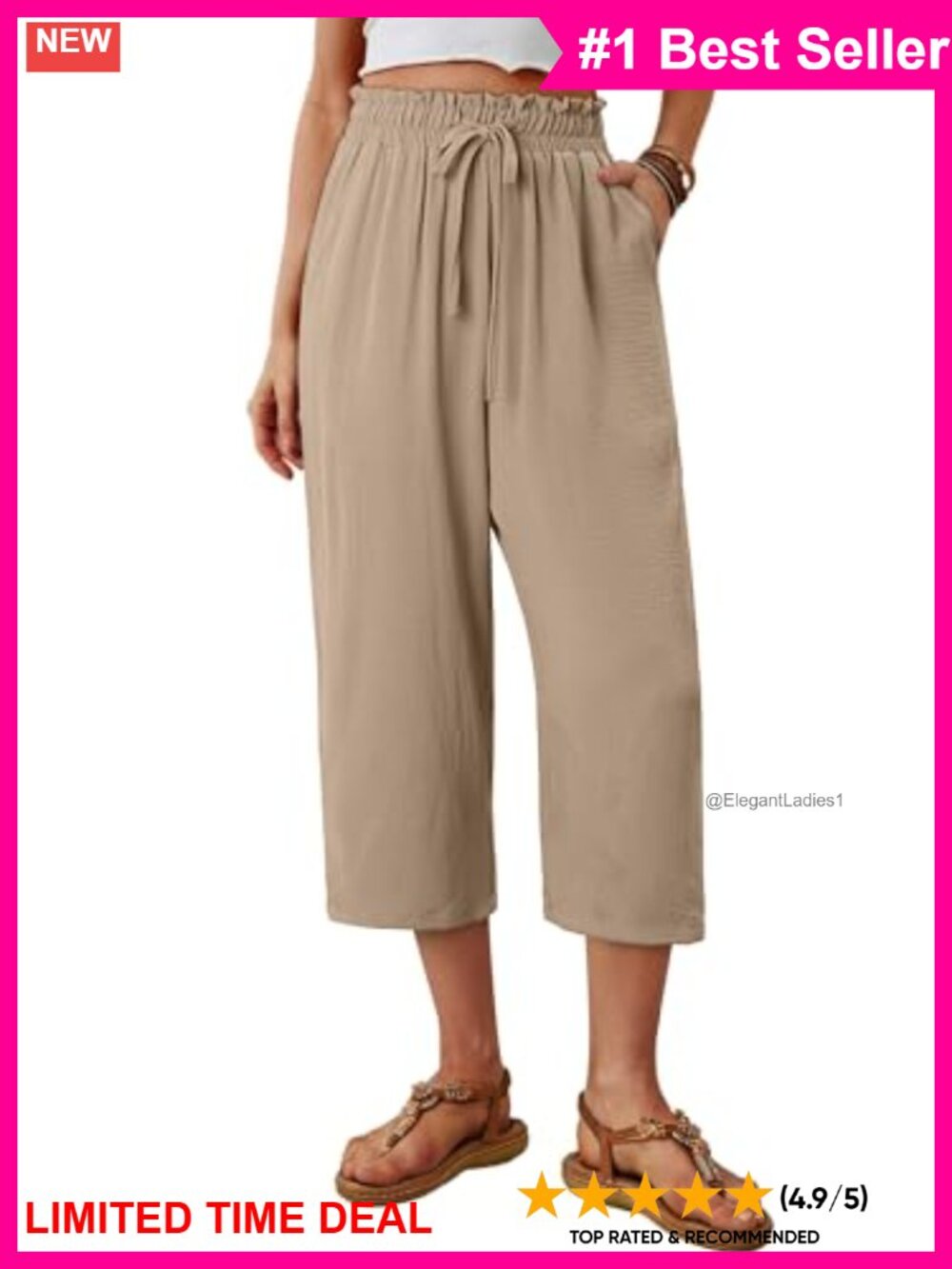 Womens High Waisted Wide Leg Capri Pants Paper Bag Drawstring Pockets